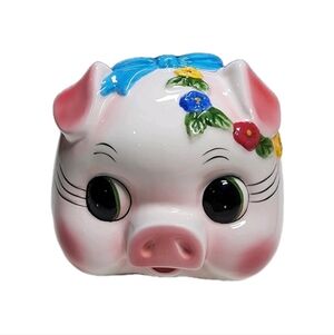 Vintage Kitschy Piggy Bank Anthropomorphic Floral Blue Bow Ceramic